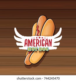 vector cartoon american hotdog label isolated on wooden table background. Vintage hot dog poster or icon design element collection. Fast food, cafe or hotdog carts logo design concept