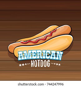 vector cartoon american hotdog label isolated on wooden table background. Vintage hot dog poster or icon design element collection. Fast food, cafe or hotdog carts logo design concept