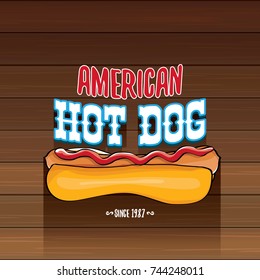 vector cartoon american hotdog label isolated on wooden table background. Vintage hot dog poster or icon design element collection. Fast food, cafe or hotdog carts logo design concept