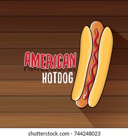 vector cartoon american hotdog label isolated on wooden table background. Vintage hot dog poster or icon design element collection. Fast food, cafe or hotdog carts logo design concept