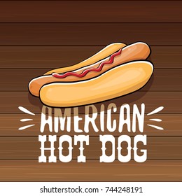 vector cartoon american hotdog label isolated on wooden table background. Vintage hot dog poster or icon design element collection. Fast food, cafe or hotdog carts logo design concept