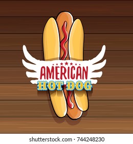 vector cartoon american hotdog label isolated on wooden table background. Vintage hot dog poster or icon design element collection. Fast food, cafe or hotdog carts logo design concept