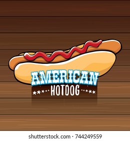 vector cartoon american hotdog label isolated on wooden table background. Vintage hot dog poster or icon design element collection. Fast food, cafe or hotdog carts logo design concept