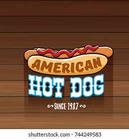vector cartoon american hotdog label isolated on wooden table background. Vintage hot dog poster or icon design element collection. Fast food, cafe or hotdog carts logo design concept