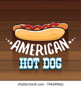 vector cartoon american hotdog label isolated on wooden table background. Vintage hot dog poster or icon design element collection. Fast food, cafe or hotdog carts logo design concept