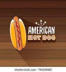 vector cartoon american hotdog label isolated on wooden table background. Vintage hot dog poster or icon design element collection. Fast food, cafe or hotdog carts logo design concept