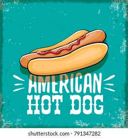 vector cartoon american hotdog label on grunge torquoise background. Vintage hot dog poster or icon design element collection. Fast food, cafe or hotdog carts logo design concept