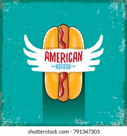 vector cartoon american hotdog label on grunge torquoise background. Vintage hot dog poster or icon design element collection. Fast food, cafe or hotdog carts logo design concept