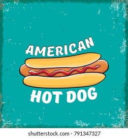 vector cartoon american hotdog label on grunge torquoise background. Vintage hot dog poster or icon design element collection. Fast food, cafe or hotdog carts logo design concept