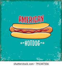 vector cartoon american hotdog label on grunge torquoise background. Vintage hot dog poster or icon design element collection. Fast food, cafe or hotdog carts logo design concept