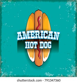 vector cartoon american hotdog label on grunge torquoise background. Vintage hot dog poster or icon design element collection. Fast food, cafe or hotdog carts logo design concept