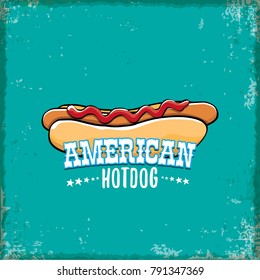 vector cartoon american hotdog label on grunge torquoise background. Vintage hot dog poster or icon design element collection. Fast food, cafe or hotdog carts logo design concept