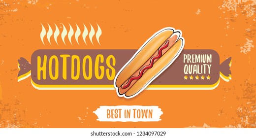 vector cartoon american hotdog restaurant horizontal banner. Vintage hot dog poster or icon design element collection. Fast food, cafe or hotdog carts logo design concept