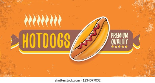 vector cartoon american hotdog restaurant horizontal banner. Vintage hot dog poster or icon design element collection. Fast food, cafe or hotdog carts logo design concept