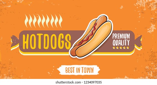 vector cartoon american hotdog restaurant horizontal banner. Vintage hot dog poster or icon design element collection. Fast food, cafe or hotdog carts logo design concept