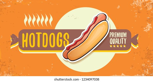 vector cartoon american hotdog restaurant horizontal banner. Vintage hot dog poster or icon design element collection. Fast food, cafe or hotdog carts logo design concept