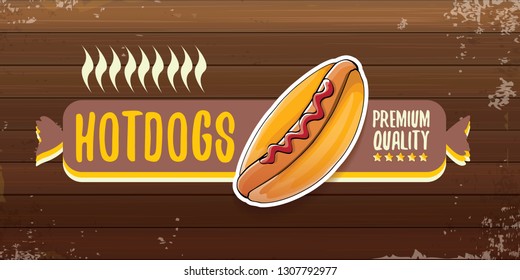 vector cartoon american hotdog restaurant horizontal banner. Vintage hot dog poster or icon design element collection. Fast food, cafe or hotdog carts logo design concept