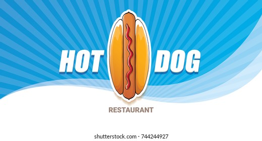 vector cartoon american hotdog restaurant  horizontal banner. Vintage hot dog poster or icon design element collection. Fast food, cafe or hotdog carts logo design concept