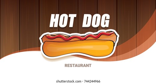 vector cartoon american hotdog restaurant  horizontal banner. Vintage hot dog poster or icon design element collection. Fast food, cafe or hotdog carts logo design concept