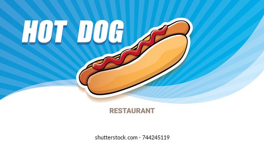 vector cartoon american hotdog restaurant  horizontal banner. Vintage hot dog poster or icon design element collection. Fast food, cafe or hotdog carts logo design concept