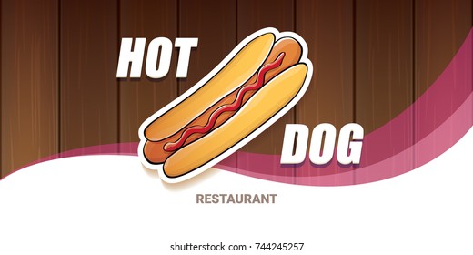 vector cartoon american hotdog restaurant  horizontal banner. Vintage hot dog poster or icon design element collection. Fast food, cafe or hotdog carts logo design concept