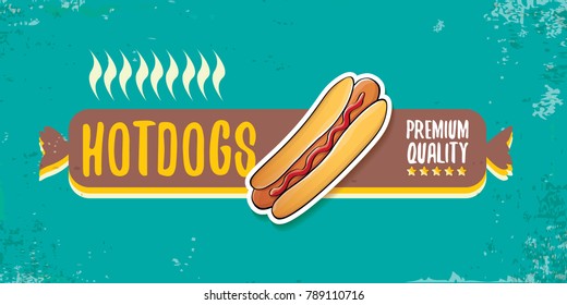 vector cartoon american hotdog restaurant horizontal banner. Vintage hot dog poster or icon design element collection. Fast food, cafe or hotdog carts logo design concept