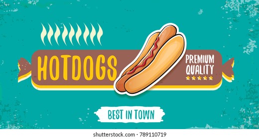 vector cartoon american hotdog restaurant horizontal banner. Vintage hot dog poster or icon design element collection. Fast food, cafe or hotdog carts logo design concept