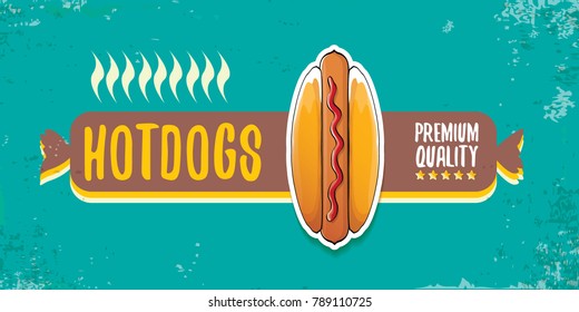 vector cartoon american hotdog restaurant horizontal banner. Vintage hot dog poster or icon design element collection. Fast food, cafe or hotdog carts logo design concept