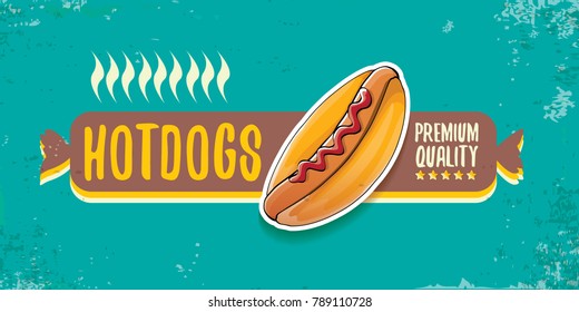 vector cartoon american hotdog restaurant horizontal banner. Vintage hot dog poster or icon design element collection. Fast food, cafe or hotdog carts logo design concept