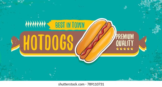 vector cartoon american hotdog restaurant horizontal banner. Vintage hot dog poster or icon design element collection. Fast food, cafe or hotdog carts logo design concept