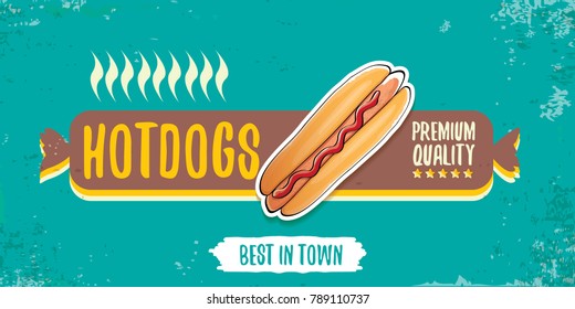 vector cartoon american hotdog restaurant horizontal banner. Vintage hot dog poster or icon design element collection. Fast food, cafe or hotdog carts logo design concept