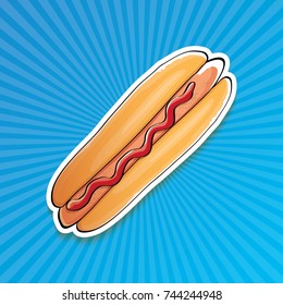 vector cartoon american hotdog sticker on blue background. Vintage hot dog poster or icon design element collection. Fast food, cafe or hotdog carts logo design concept