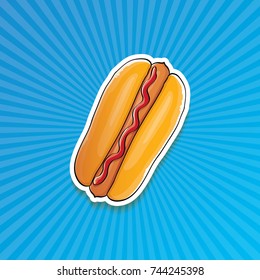 vector cartoon american hotdog sticker on blue background. Vintage hot dog poster or icon design element collection. Fast food, cafe or hotdog carts logo design concept
