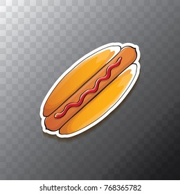 vector cartoon american hotdog sticker isolated on transparent background. Vintage Fast food label, cafe or hotdog carts logo design concept