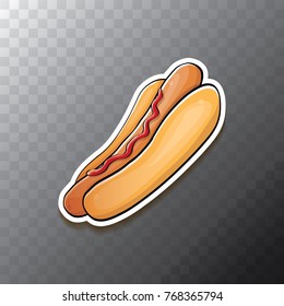 vector cartoon american hotdog sticker isolated on transparent background. Vintage Fast food label, cafe or hotdog carts logo design concept