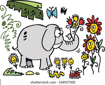 Vector cartoon of amorous elephant holding bunch of flowers in its trunk