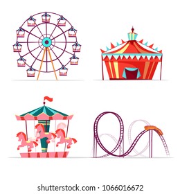 Vector cartoon amusement park attractions set. Ferris wheel, merry go round horse carousel, roller coaster and tent. Circus funfair festival kids entertainment design elements. Isolated illustration