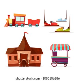 Vector cartoon amusement theme park attractions set. Steam train horror house with skeletons, bumper car ice cream cart. Circus funfair festival kid entertainment design element. Isolated illustration