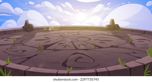 Vector cartoon ancient game temple background. Stone platform for battleground. Maya arena floor with sunlight and clouds. Fantasy magic altar landscape. Old egypt rock podium for fight or duel