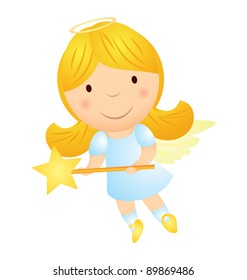 vector cartoon angel blond girl with magic wand isolated on white background