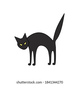 Vector Cartoon Angry Cat Silhouette. Halloween Character For Decor. Contoured Black Cat