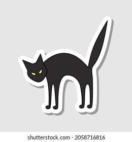 Vector Cartoon Angry Cat Sticker. Halloween Character For Decoration. Contoured Black Cat