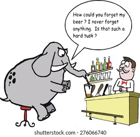 Vector cartoon of angry elephant ordering drink at hotel bar