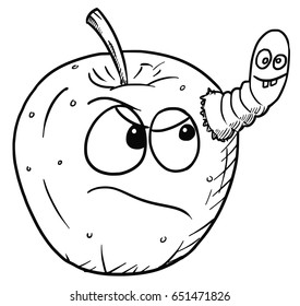 Vector cartoon of angry fruit apple infected by cute crazy worm insect