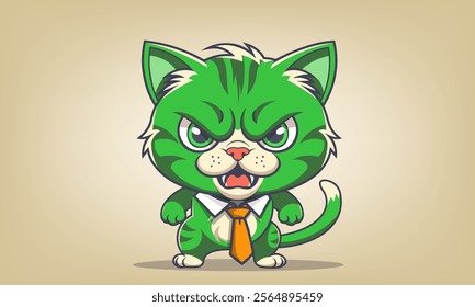 Vector cartoon angry green kitten in orange tie. Toon swearing animal. Domestic furious animal. Pet fierce cat.