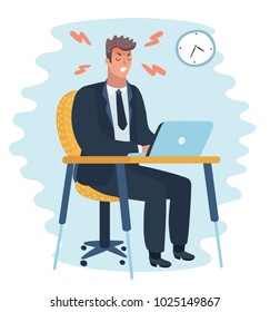 Vector cartoon Angry office man character sitting at the table. Hard work.