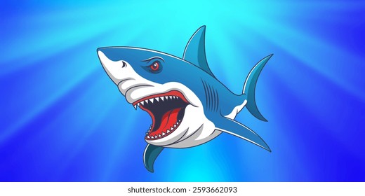 Vector cartoon angry shark with open toothy red maw. Underwater ocean bright radiant world. Toon fish terrible scary predator.