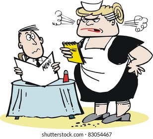 Vector Cartoon Of Angry Waitress In Restaurant