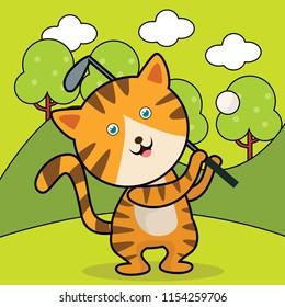 vector cartoon animal of a cat playing golf, children illustration 