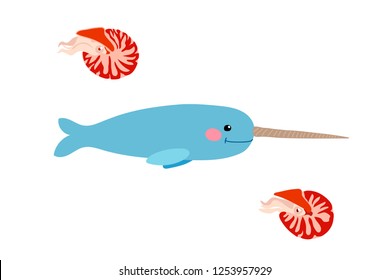 vector cartoon animal clipart narwhal, nautilus svg